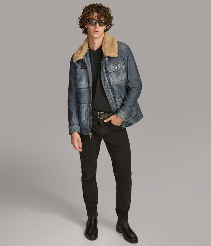 Wesley Denim Leather Chore Jacket - Medium Blue - XS - Wesley Denim Leather Chore Jacket - Tatoo Tee
