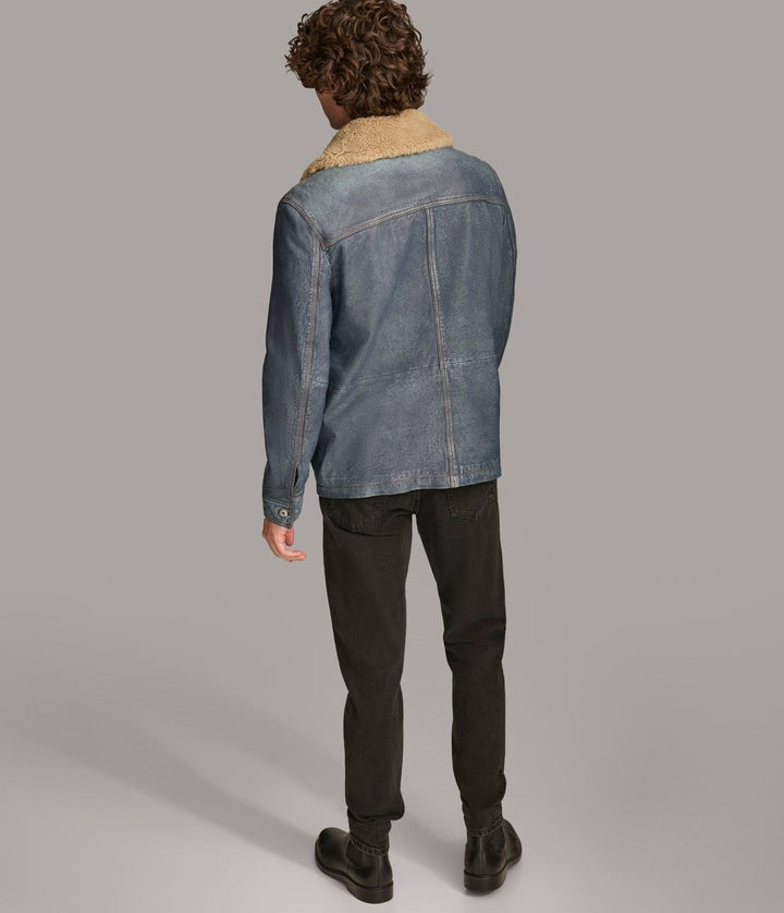 Wesley Denim Leather Chore Jacket - Medium Blue - XS - Wesley Denim Leather Chore Jacket - Tatoo Tee