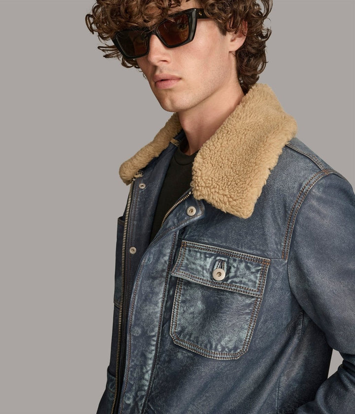 Wesley Denim Leather Chore Jacket - Medium Blue - XS - Wesley Denim Leather Chore Jacket - Tatoo Tee
