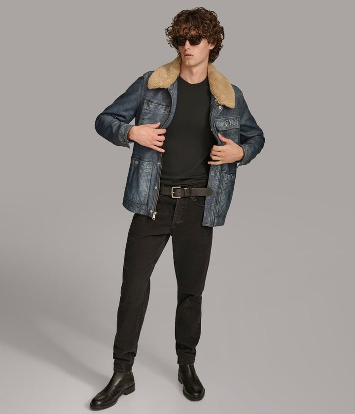 Wesley Denim Leather Chore Jacket - Medium Blue - XS - Wesley Denim Leather Chore Jacket - Tatoo Tee