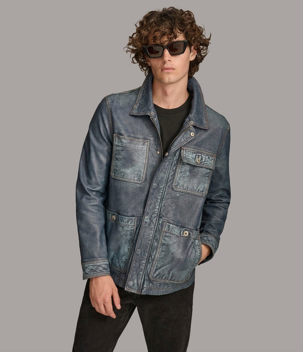 Wesley Denim Leather Chore Jacket - Medium Blue - XS - Wesley Denim Leather Chore Jacket - Tatoo Tee