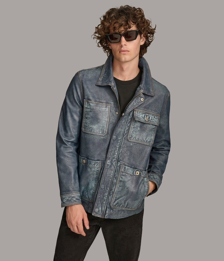 Wesley Denim Leather Chore Jacket - Medium Blue - XS - Wesley Denim Leather Chore Jacket - Tatoo Tee