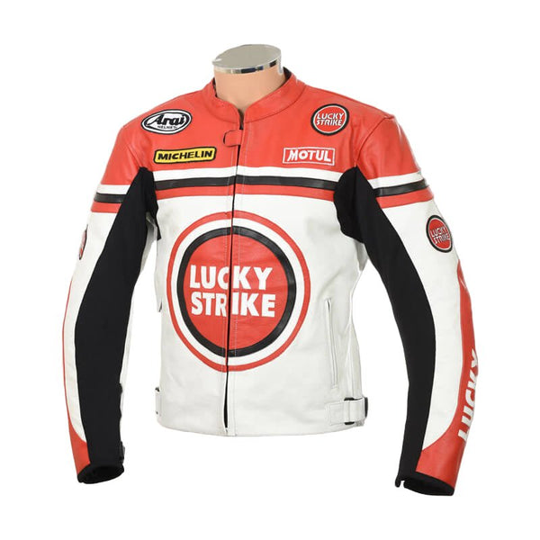White & Red Lucky Strike Leather Biker Jacket - XS - Motorcycle jacket with Lucky Strike and Michelin branding on a white background - Tatoo Tee