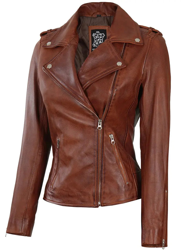 Women Asymmetrical Cognac Brown Motorcycle Leather Jacket