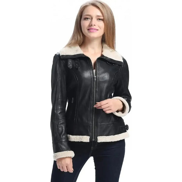 Women B3 Bomber Black Sheepskin Shearling Leather Jacket