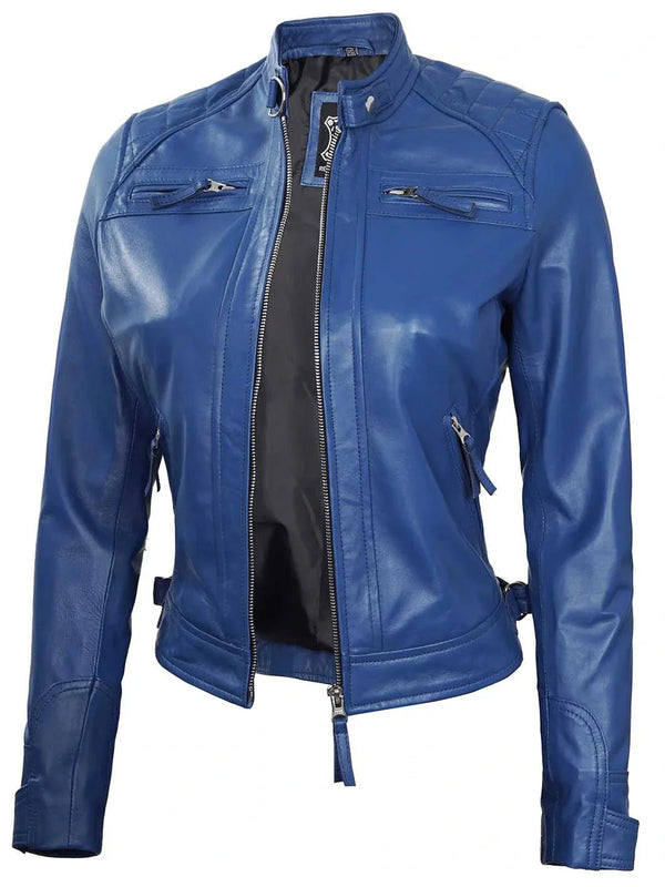 Women Blue Diamond Cafe Racer Real Leather Jacket