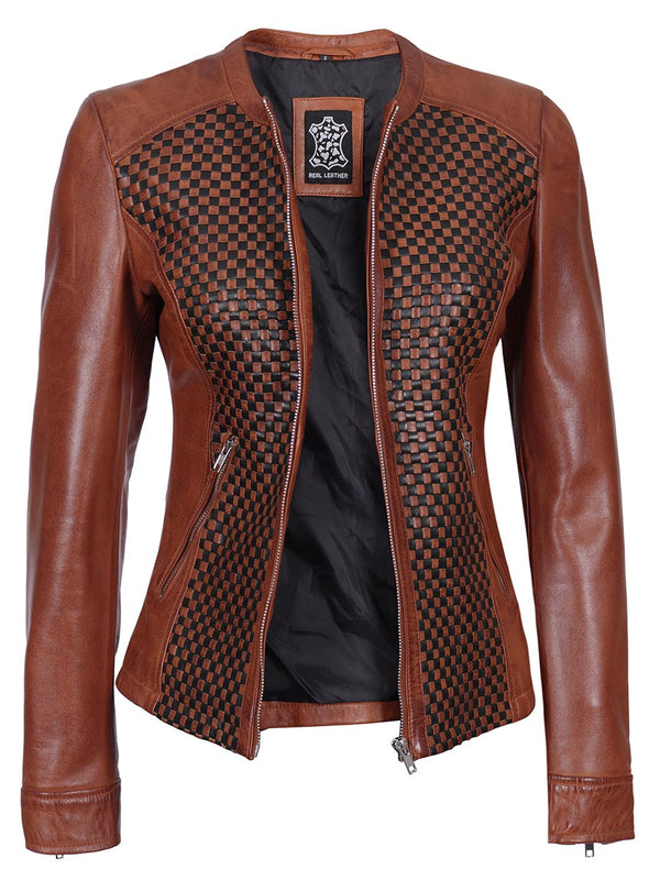 Women Brown Textured Cafe Racer Leather Jacket