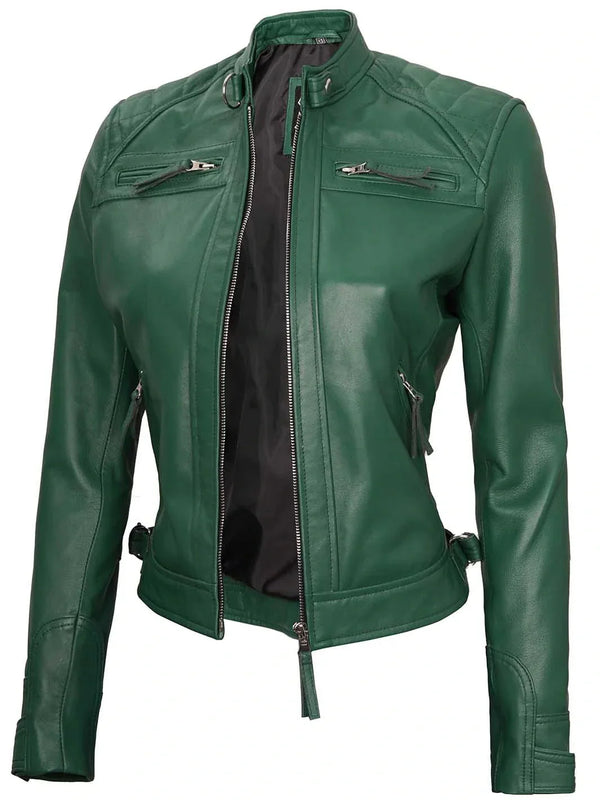 Women Green Diamond Cafe Racer Real Leather Jacket
