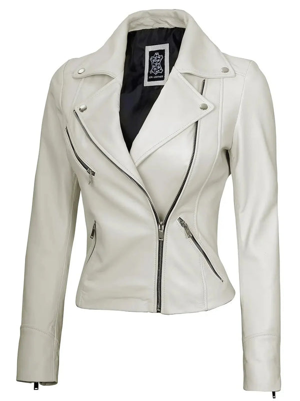 Women Moto Style Off White Real Leather Jacket