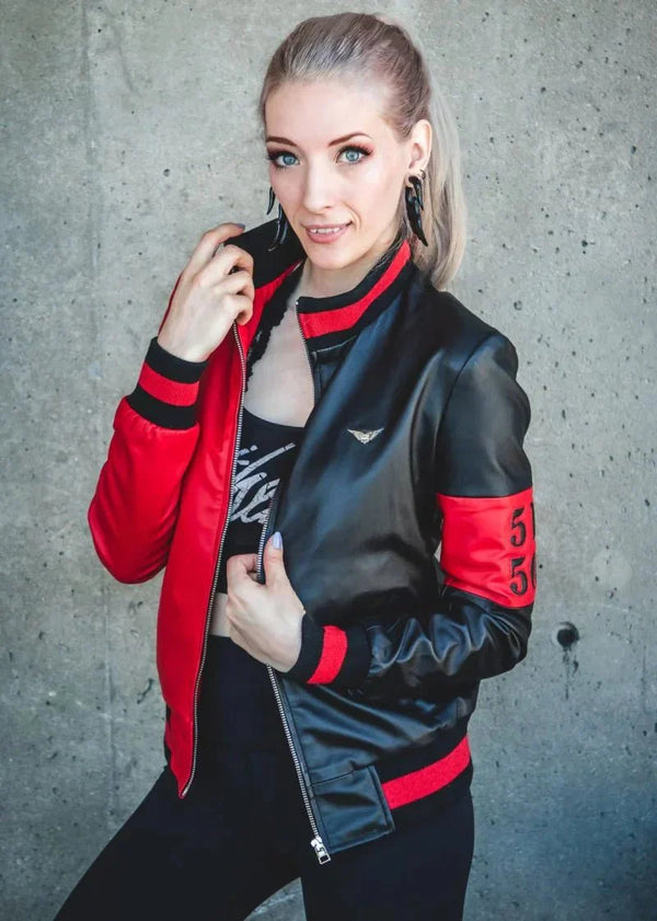 Womens 51 50 Bomber Black and Red Leather Jacket