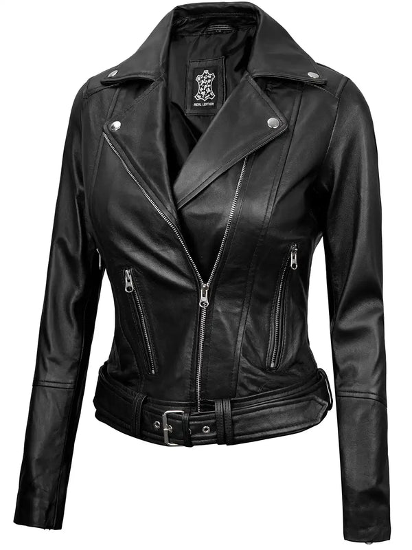 Womens Asymmetrical Black Biker Leather Jacket