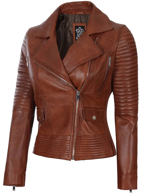 Womens Asymmetrical Cognac Wax Motorcycle Leather Jacket
