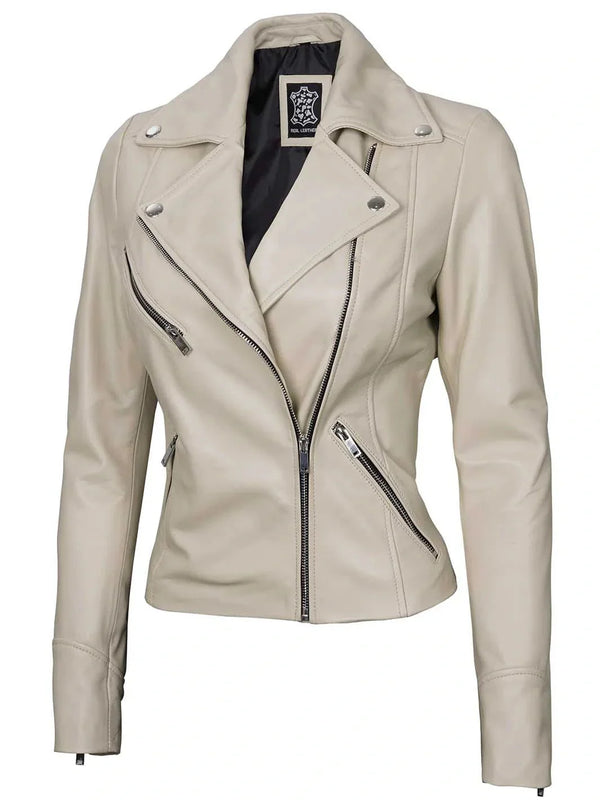 Women's Beige Asymmetrical Biker Real Leather Jacket