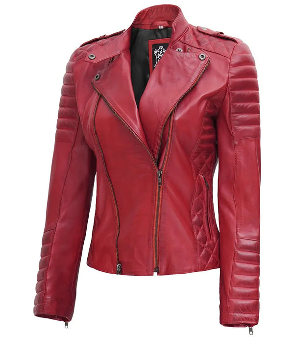 Women's Biker Quilted Red Leather Jacket Asymmetrical