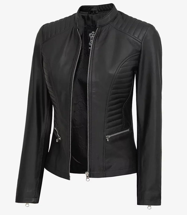Women's Black Cafe Racer Leather Jacket