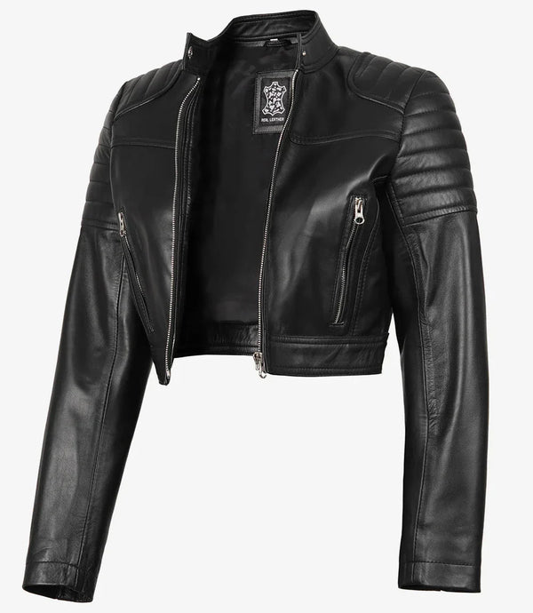 Women's Black Cropped Leather Moto Jacket