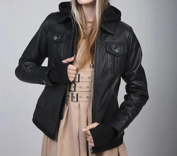 Womens Black Leather Bomber Jacket with Removable Hood