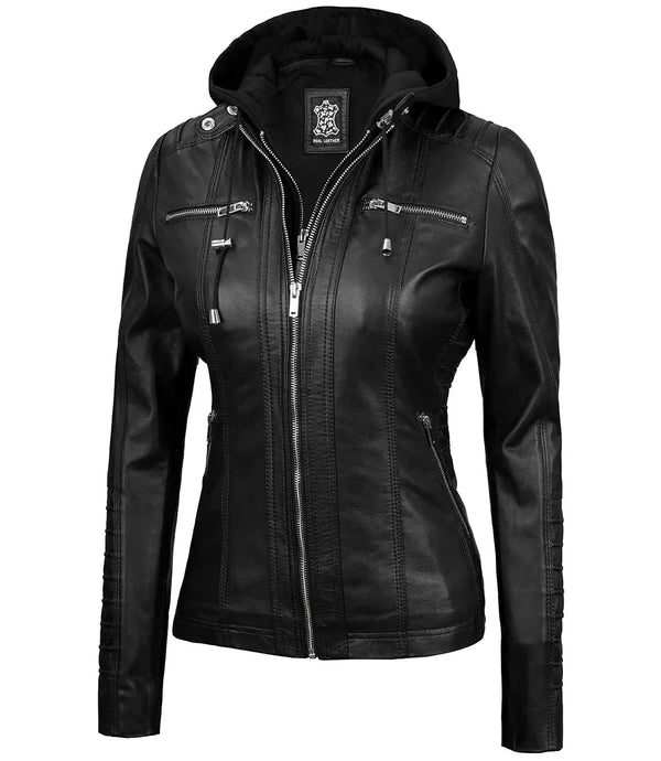 Women's Black Leather Jacket With Removable Hood
