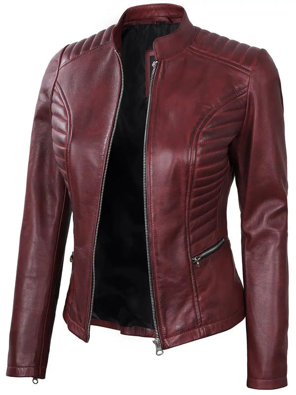 Women's Burgundy Cafe Racer Leather Jacket