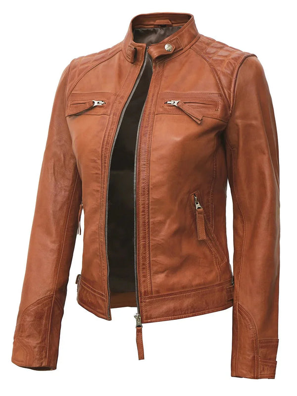Women's Cafe Racer Tan Brown Leather Jacket