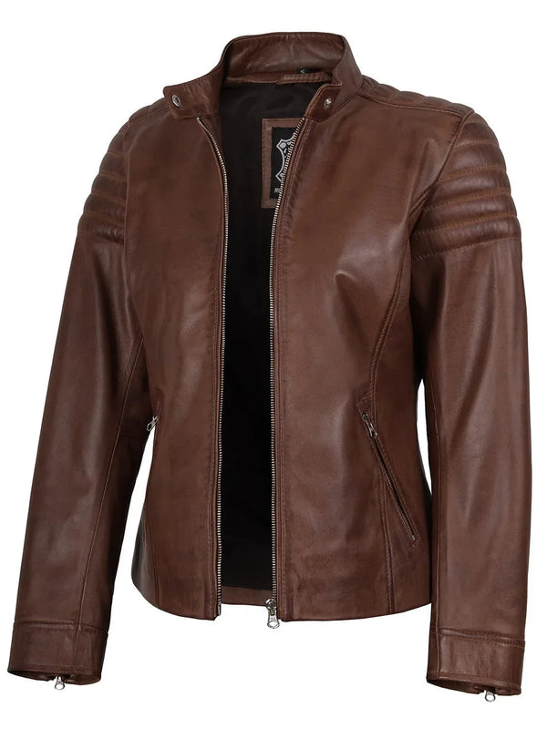 Womens Cognac Brown Cafe Racer Leather Jacket