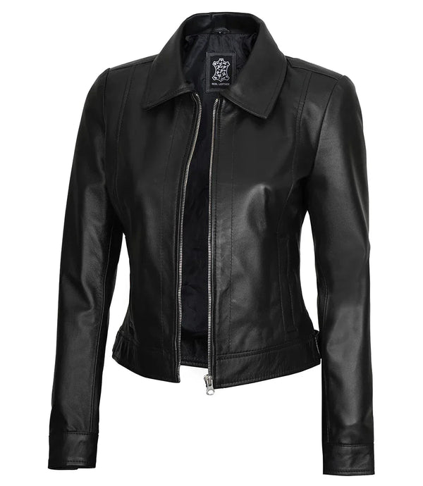 Women's Harrington Style Black Real Leather Jacket