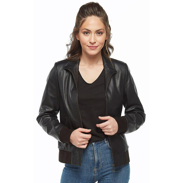 Women’s Leather Bomber Jacket in Black