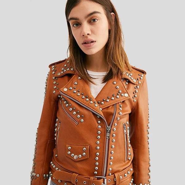 Womens Moto Biker Brown Studded Leather Jacket