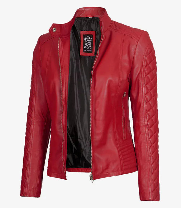 Womens Red Quilted Cafe Racer Leather Jacket