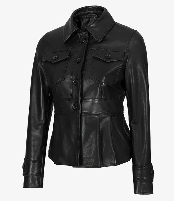 Women’s Short Body Black Peplum Leather Jacket