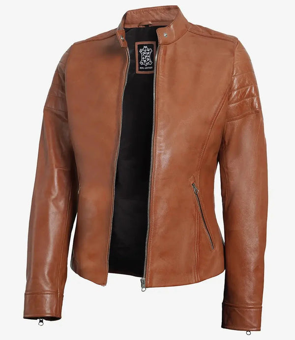 Womens Tan Brown Cafe Racer Leather Jacket