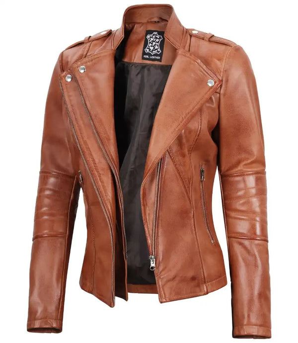 Women's Tan Brown Leather Motorcycle Jacket