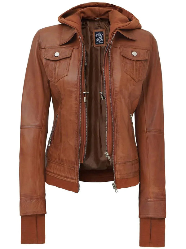 Womens Tan Wax Bomber Leather Jacket With Hood