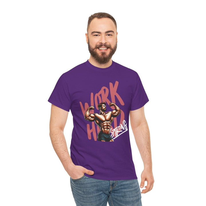 Workout Motivation Unisex Heavy Cotton Tee - 'WORK HARD' Graphic Shirt - Purple - S - Workout Motivation Unisex Heavy Cotton Tee - 'WORK HARD' Graphic Shirt - Tatoo Tee