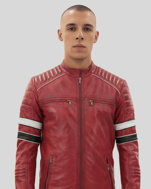 Wyatt Red Quilted Leather Racer Jacket - XS - Wyatt Red Quilted Leather Racer Jacket - Tatoo Tee