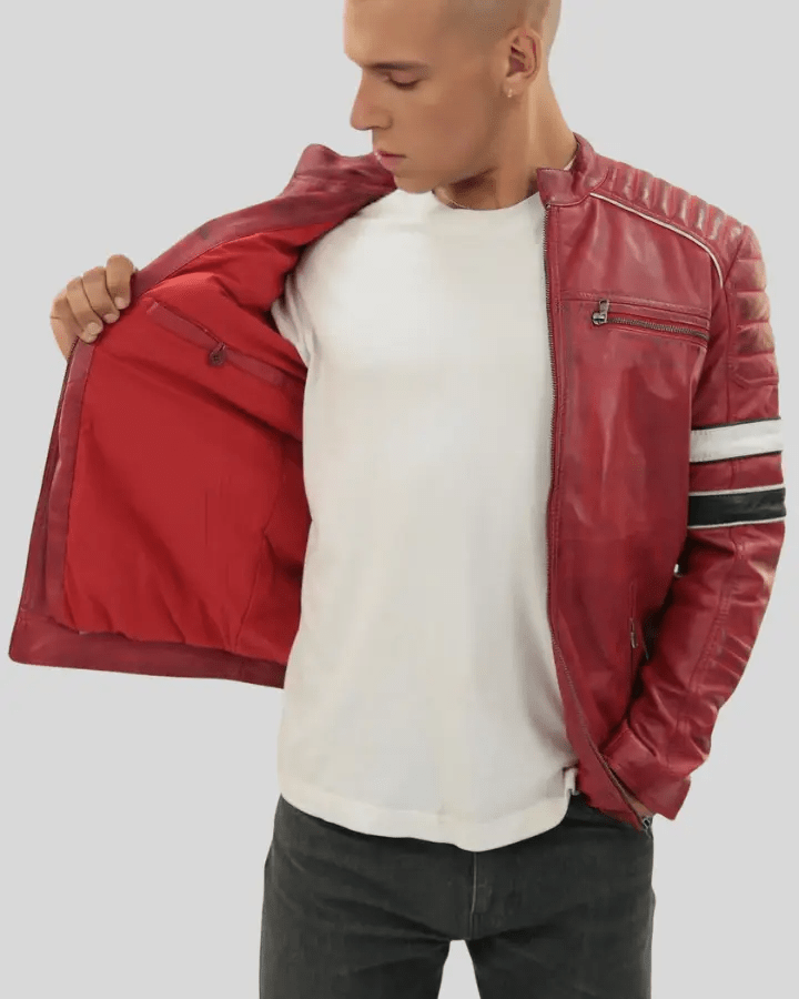 Wyatt Red Quilted Leather Racer Jacket - XS - Wyatt Red Quilted Leather Racer Jacket - Tatoo Tee