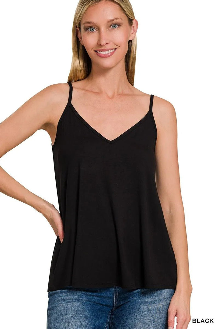 Zenana Two - Way V and Scoop Neck Reversible Spaghetti Cami - BLACK - S - a853b0daae9549e7b292632baa286798 - Max - Origin - Tatoo Tee